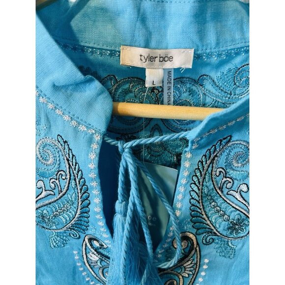 Tyler Boe Womens Linen Aimee Embroidered Ruffled V-Neck Tied Dress Blue Size L - Picture 6 of 10